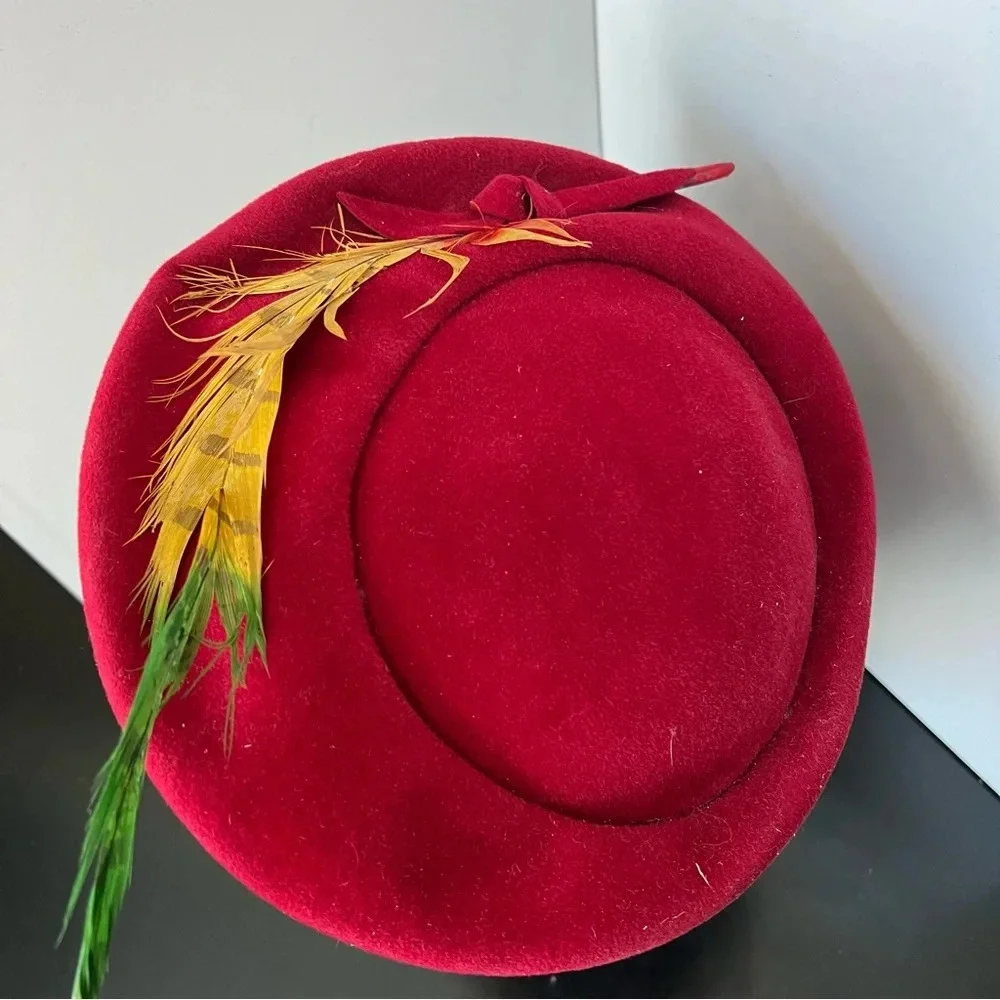 Vintage Alice May Women's Red Wool and Feather Beret‎